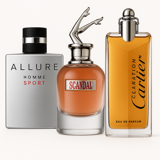 Paquete de 3 perfumes: Allure Homme Sport, Jean Paul Gaultier Scandal, Cartier Declaration (Eau de Parfum)
